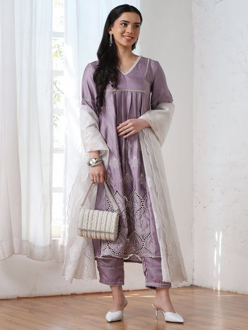 Women’s Lilac Suit Set with Pant | 2 Pc Set, A-Line, Swiss Embroidery on Kurta, Work Wear, Casual (PRF'T Lux Duchess Satin Fabric)
