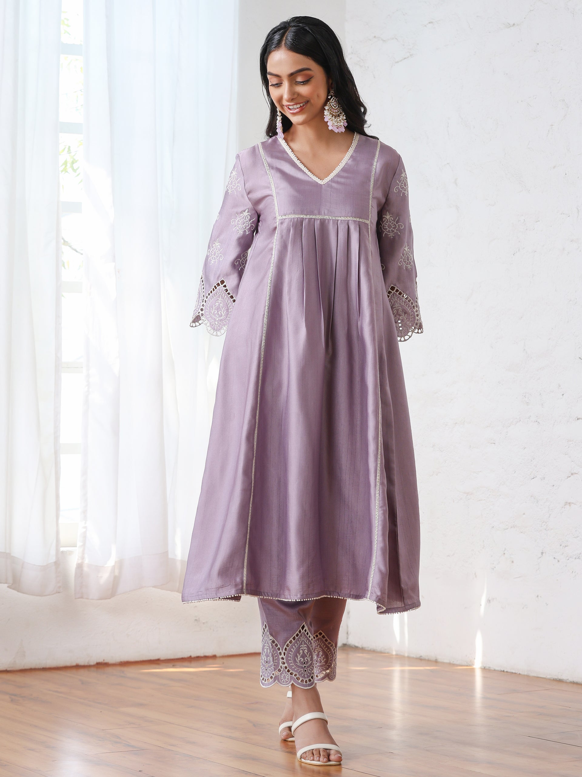 Women’s Lilac Suit Set with Pant | 2 Pc Set, A-Line, Swiss Embroidery on Sleeves, Work Wear, Casual (PRF'T Lux Duchess Satin Fabric)