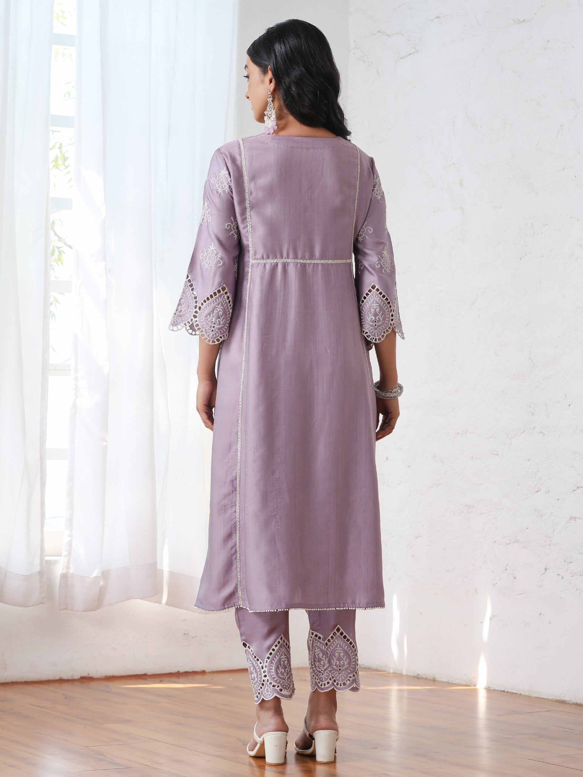 Women’s Lilac Suit Set with Pant | 2 Pc Set, A-Line, Swiss Embroidery on Sleeves, Work Wear, Casual (PRF'T Lux Duchess Satin Fabric)