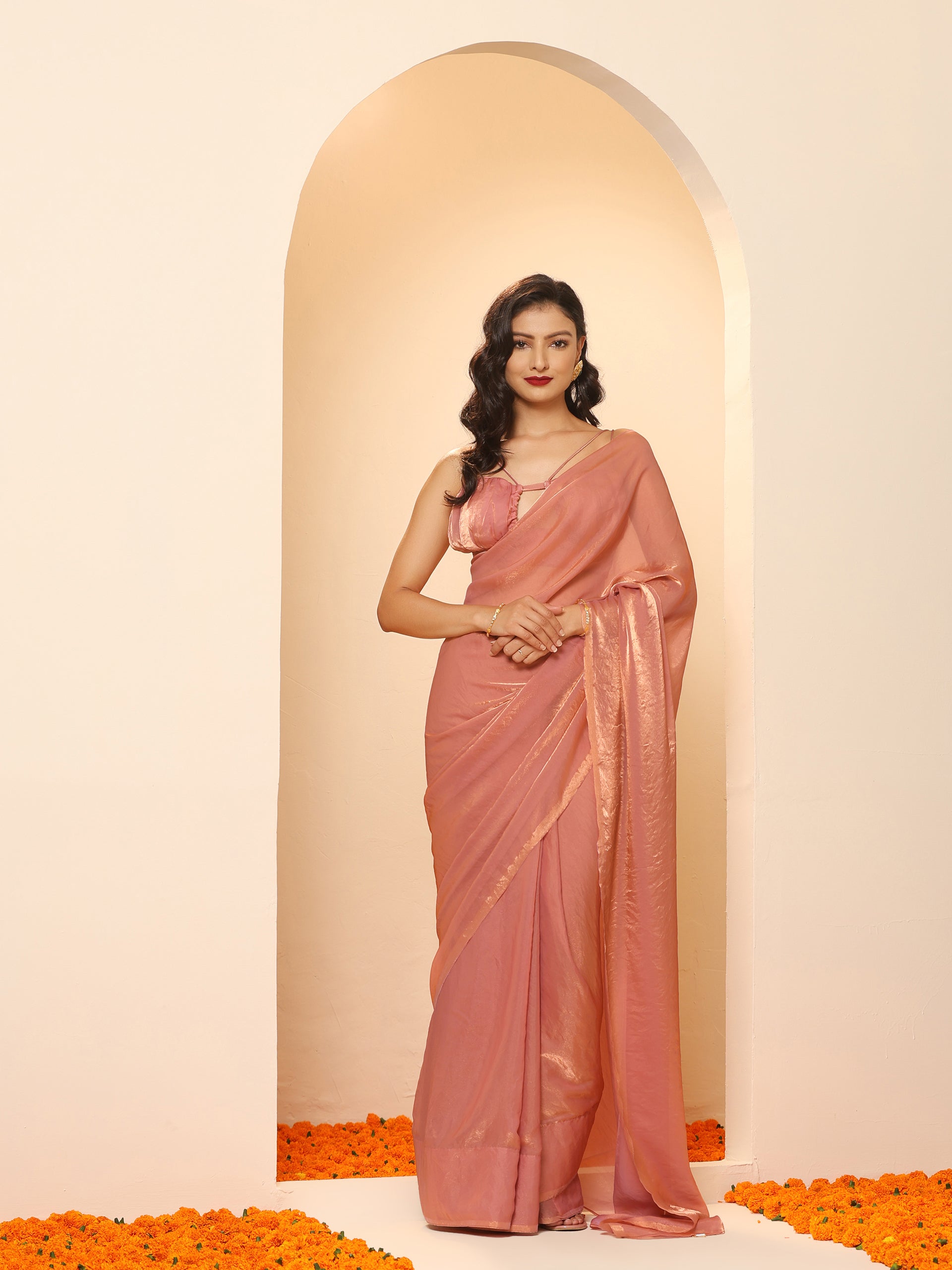Pink Gold Metallic Satin Saree with Blouse Fabric