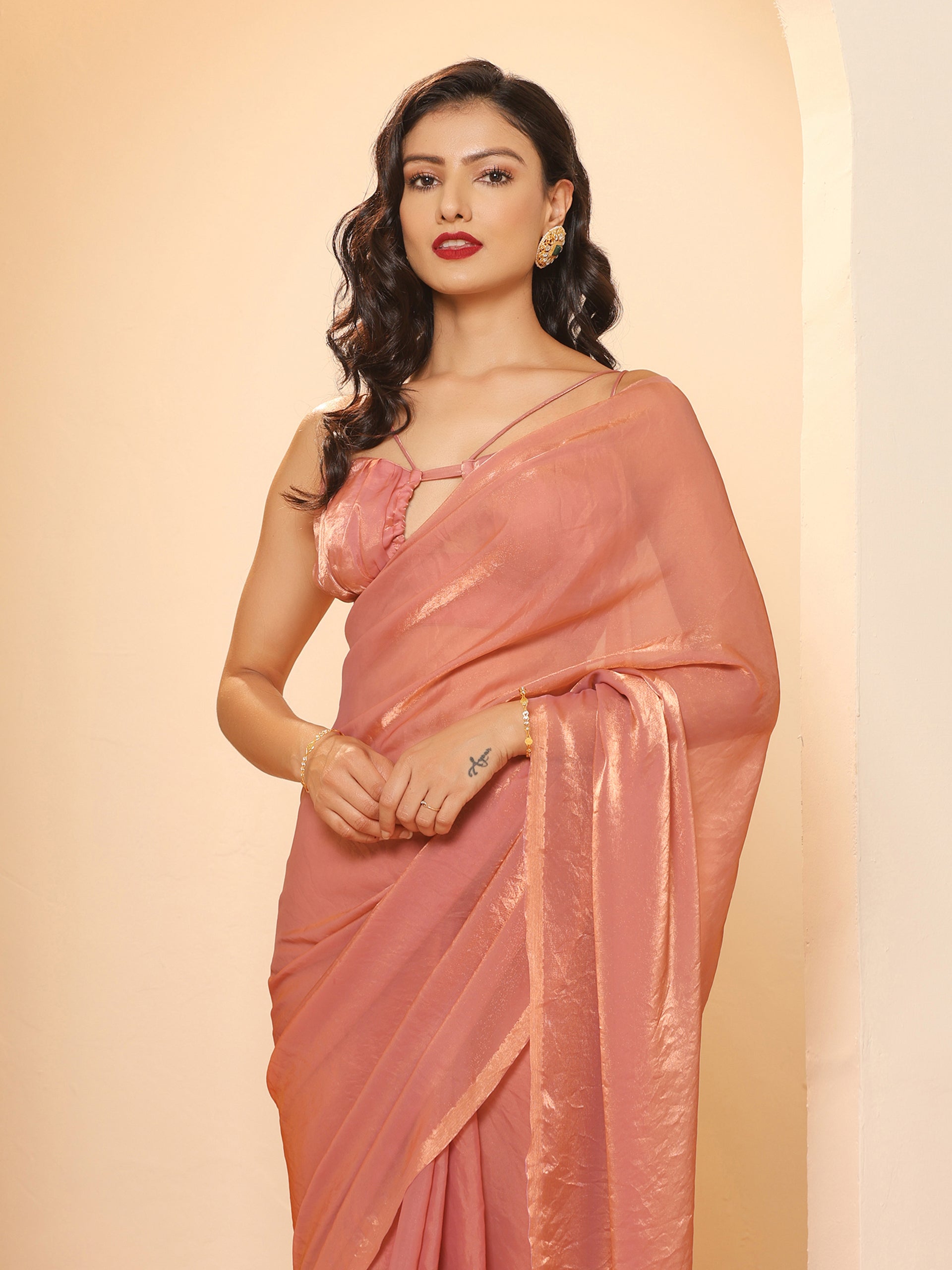 Pink Gold Metallic Satin Saree with Blouse Fabric