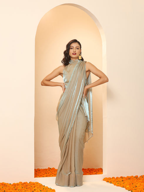 Lunar Ice Metallic Satin Saree with Blouse Fabric
