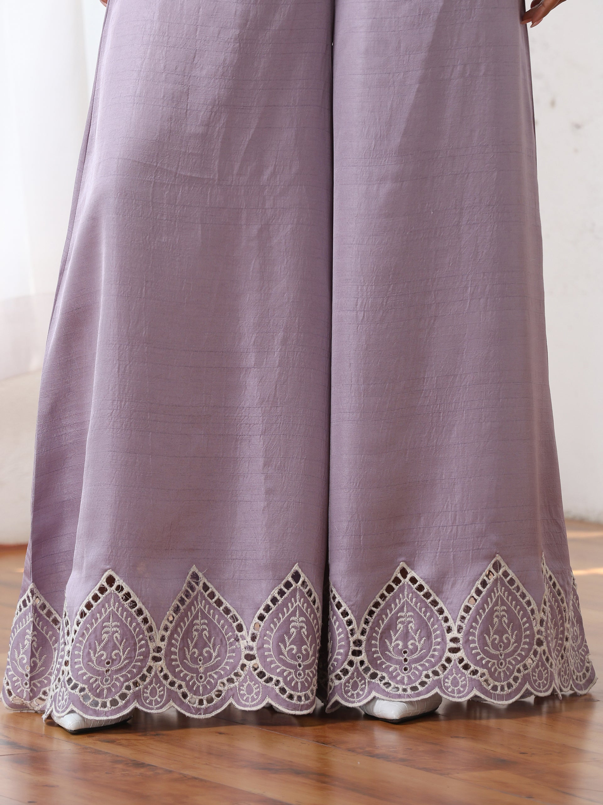 Women’s Luxe Lilac Schffli Palazzo | 1 Pc, PRF'T Lux Duchess Satin Fabric, Schiffli Embroidery, Festive Party Wear