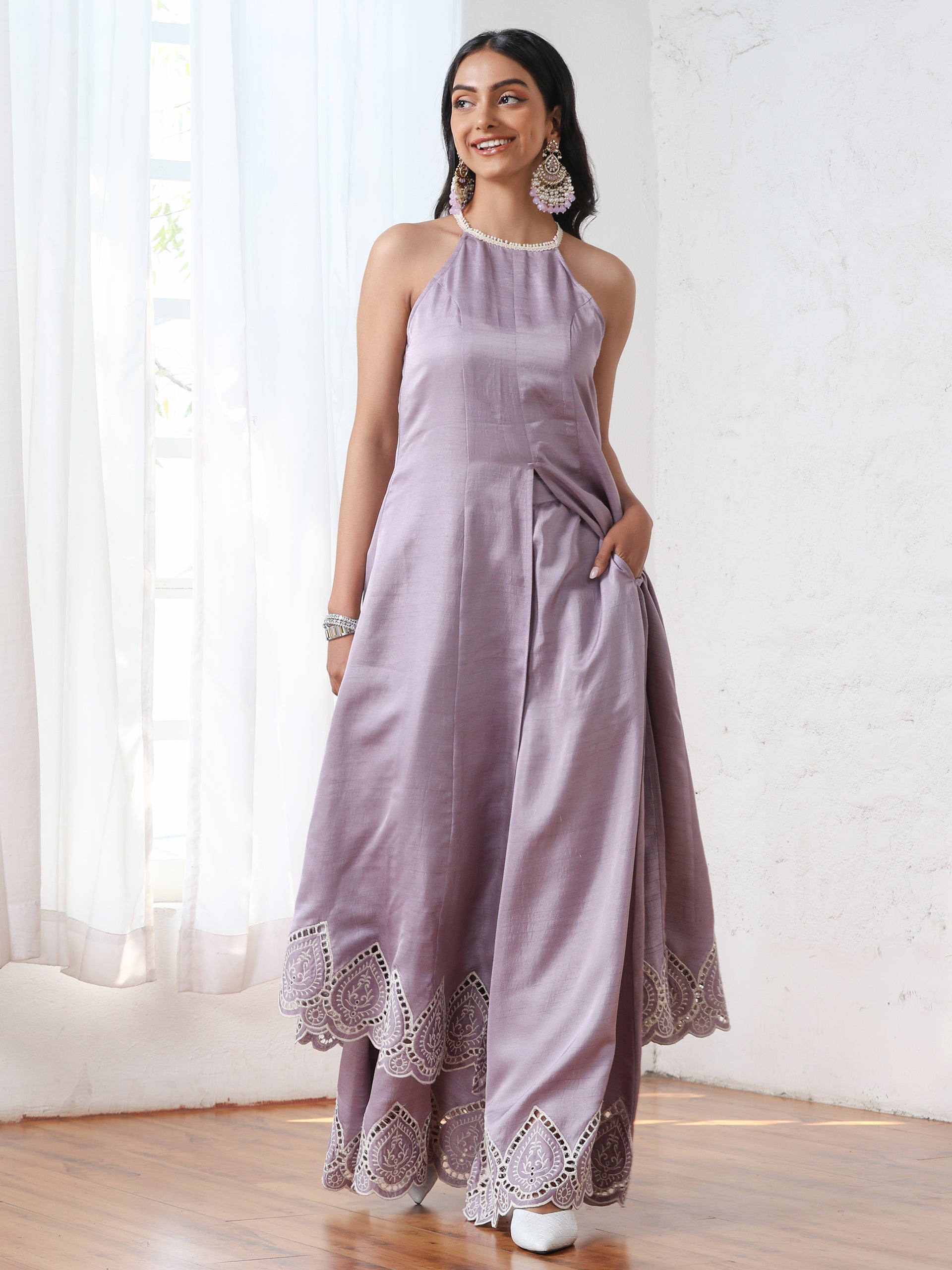 Women’s Luxe Lilac Schffli Palazzo | 1 Pc, PRF'T Lux Duchess Satin Fabric, Schiffli Embroidery, Festive Party Wear