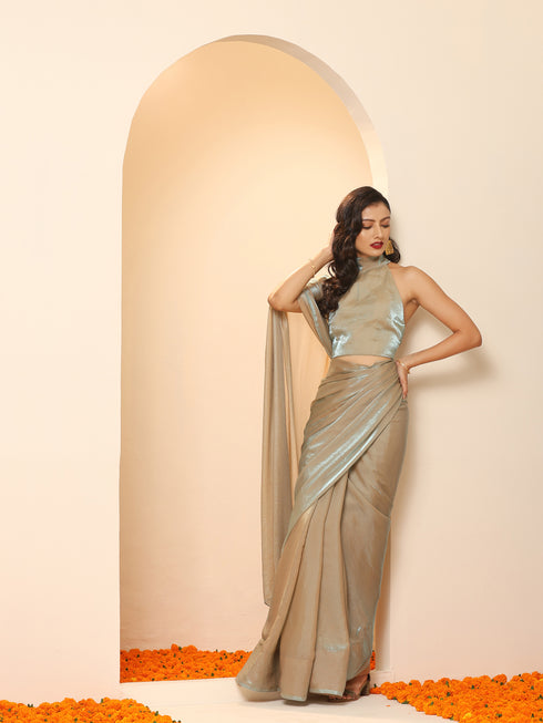Lunar Ice Metallic Satin Saree with Blouse Fabric