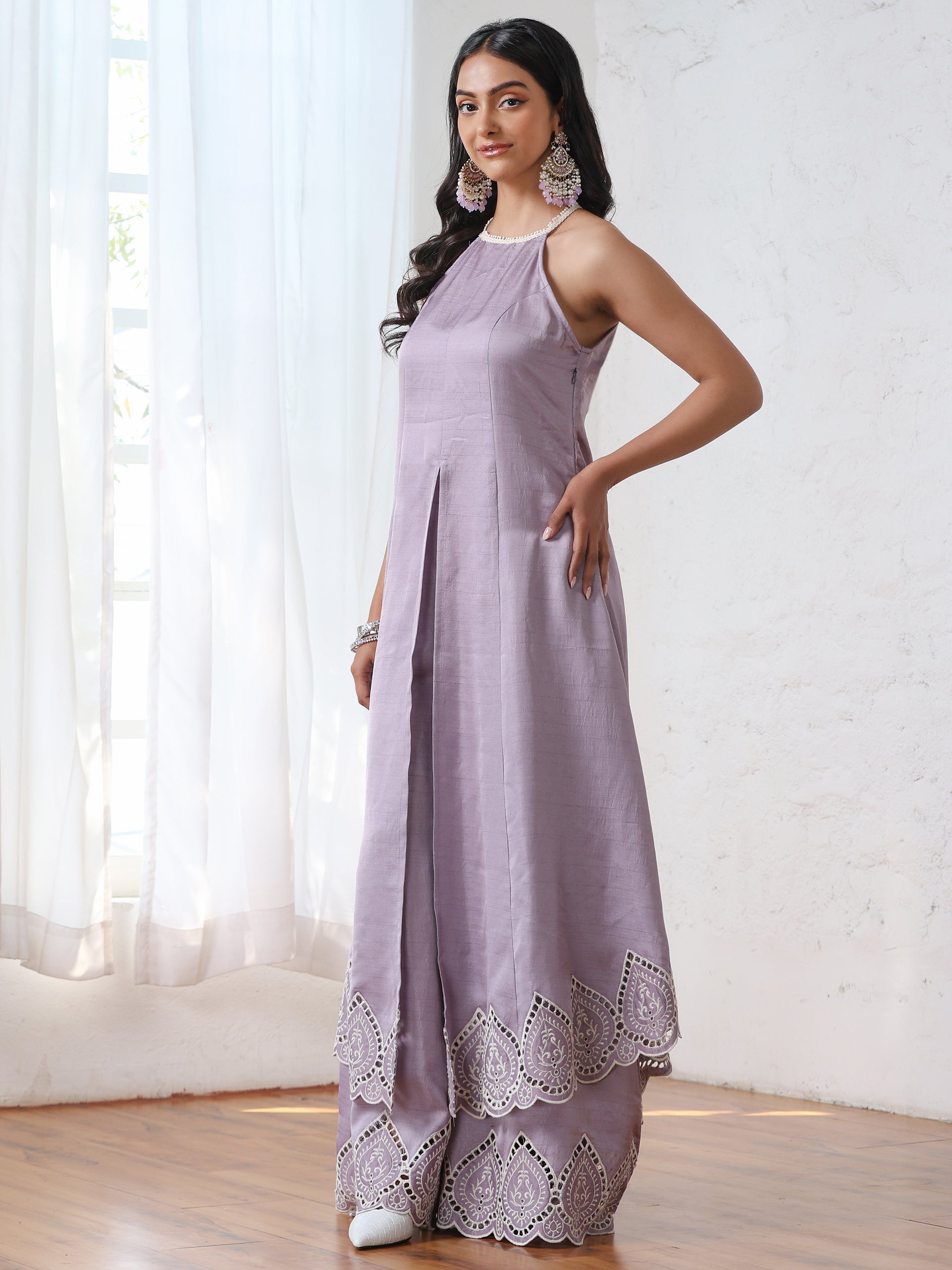 Women’s Lilac Suit Set with Palazzo | 2 Pc Set, A-Line, Swiss Embroidery on Kurta, Festive Wear, Casual (PRF'T Lux Duchess Satin Fabric)