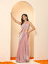 Pink Blue Metallic Satin Saree with Lace and Self Blouse Fabric