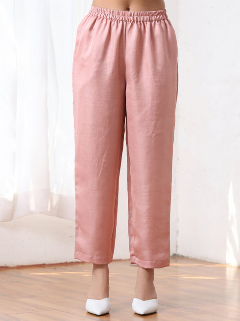 Women’s Pink Suit Set with Pant | 2 Pc Set, A-Line, Schiffli Embroidery on Front Panel, Sleeveless, Work Wear, Casual (PRF'T Lux Duchess Satin Fabric)