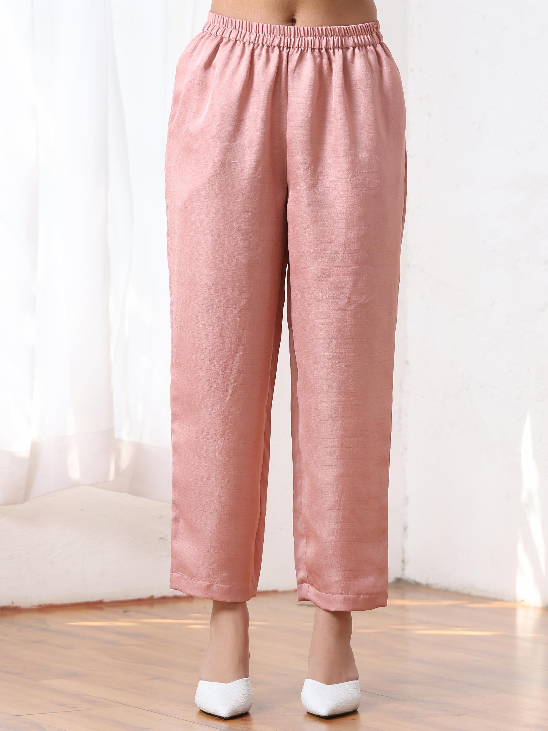 Women’s Pink Suit Set with Pant | 2 Pc Set, A-Line, Schiffli Embroidery on Kurta, Sleeveless Work Wear, Casual (PRF'T Lux Duchess Satin Fabric)