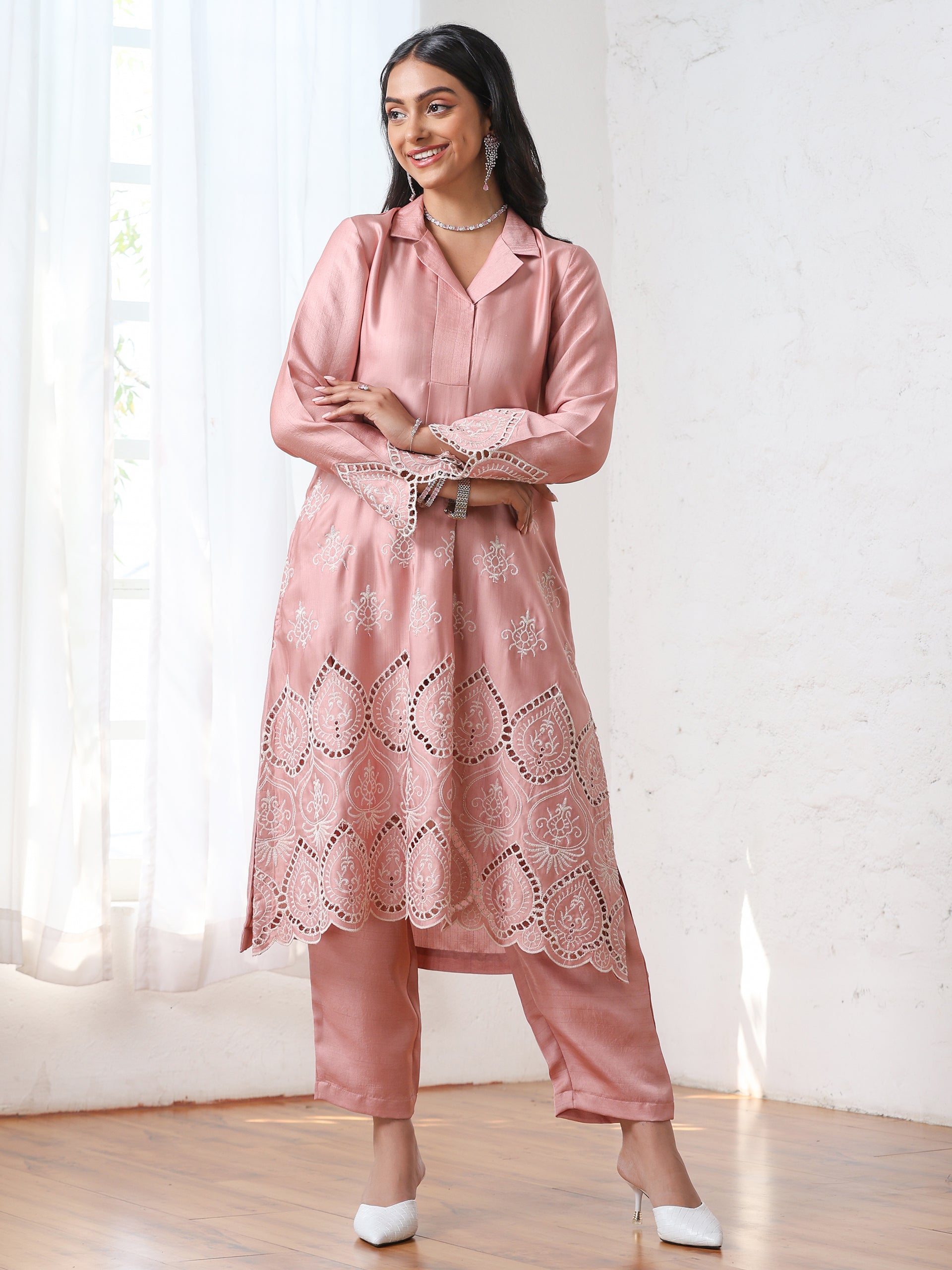 Women’s Pink Collar Suit Set with Pant | 2 Pc Set, Collar Design, Schiffli Embroidery, Full Sleeves, Work Wear, Casual (PRF'T Lux Duchess Satin Fabric)