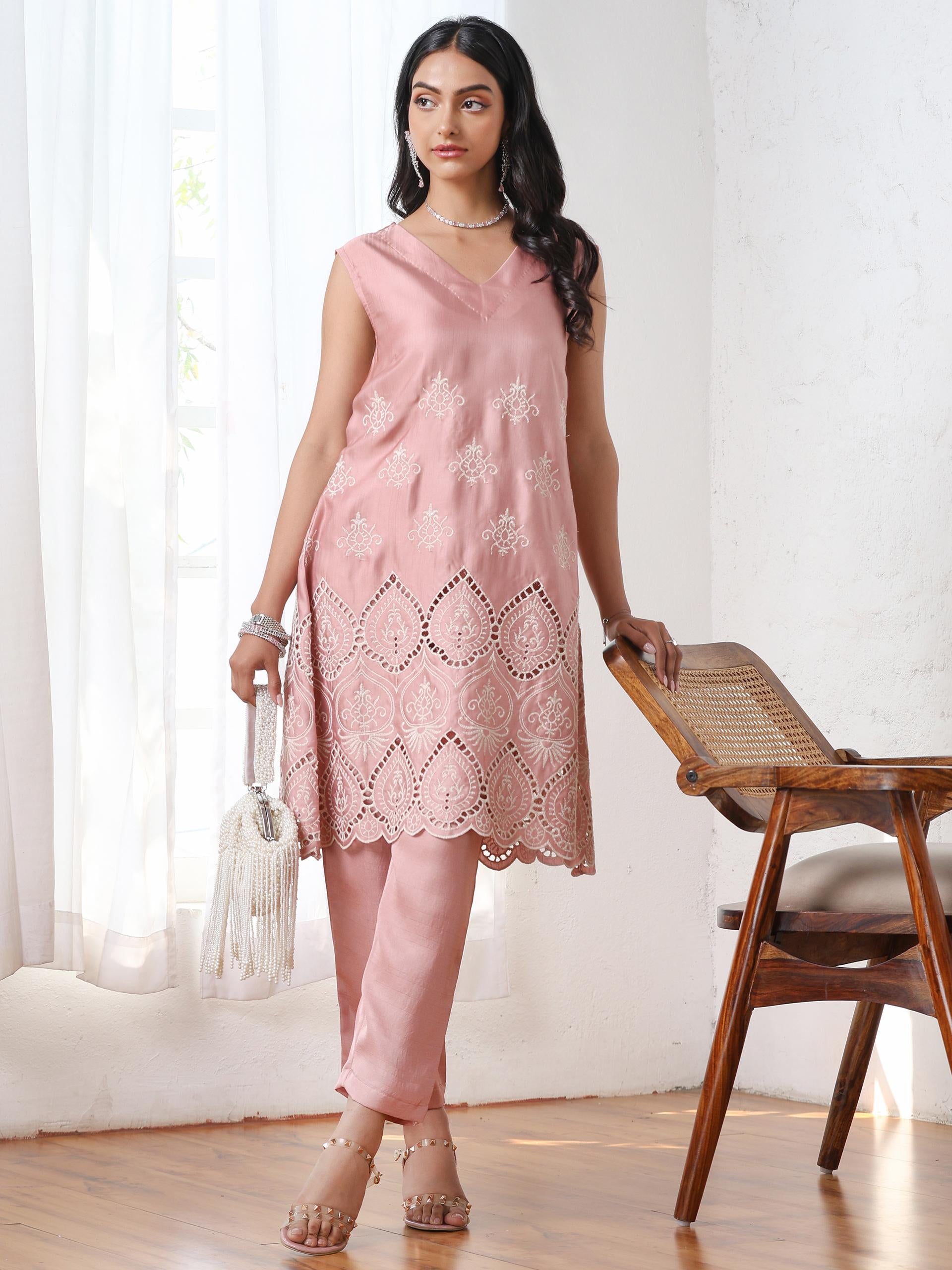 Women’s Pink Suit Set with Pant | 2 Pc Set, A-Line, Schiffli Embroidery on Kurta, Sleeveless Work Wear, Casual (PRF'T Lux Duchess Satin Fabric)