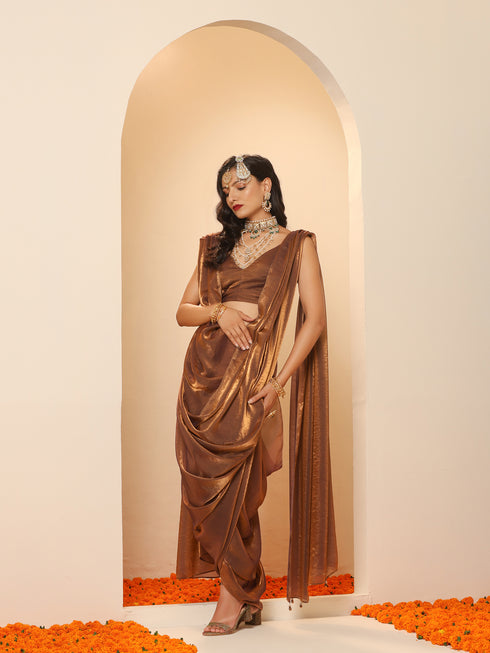Arabian Glamour Gold Metallic Satin Saree with Beads with Blouse Fabric