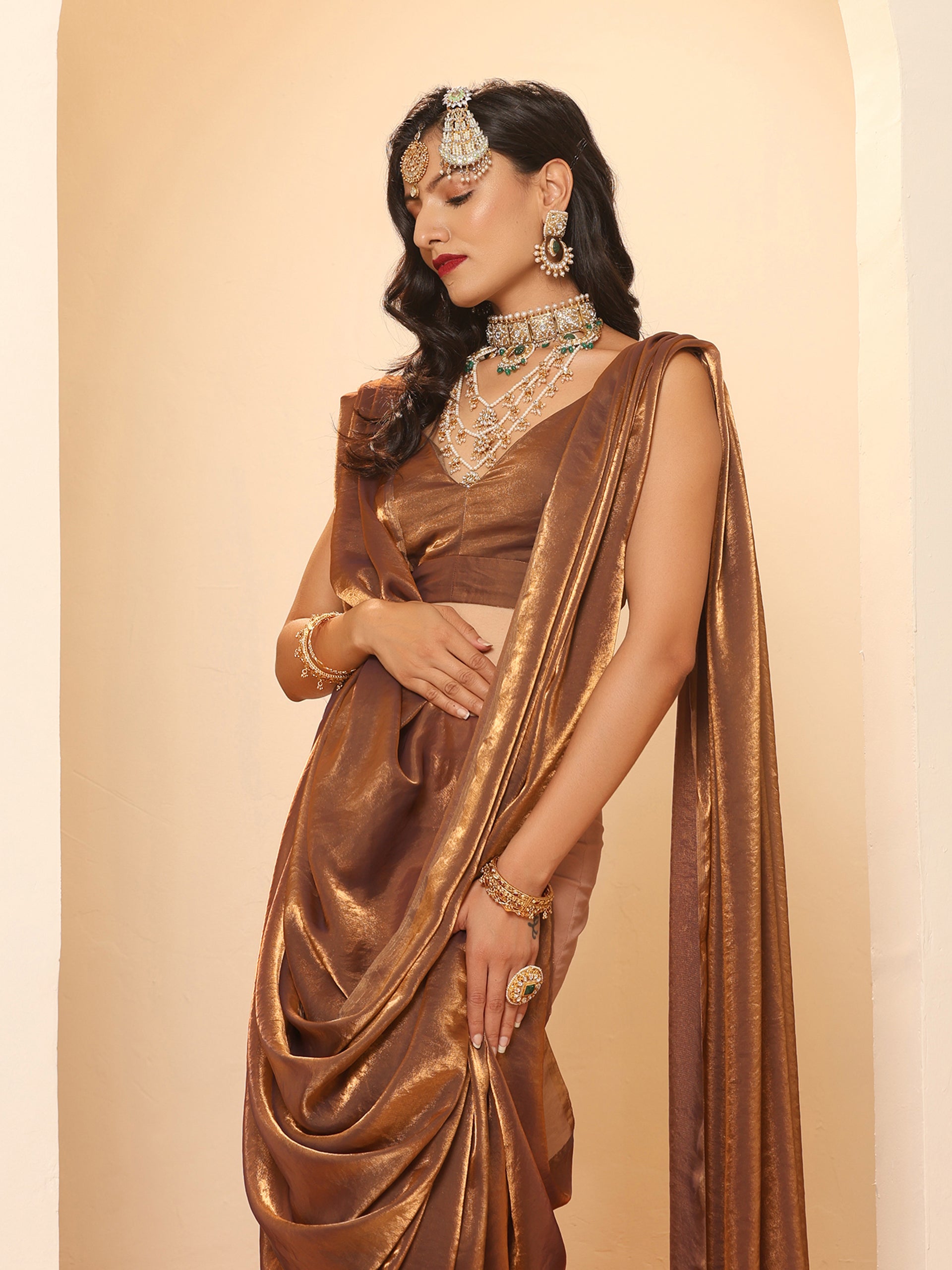 Arabian Glamour Gold Metallic Satin Saree with Beads with Blouse Fabric