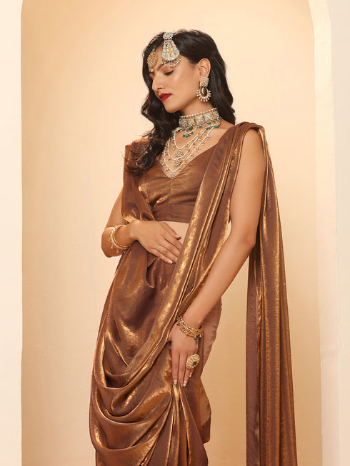Arabian Glamour Gold Metallic Satin Saree with Beads with Blouse Fabric