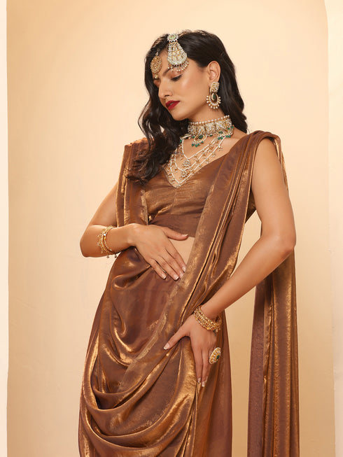 Arabian Glamour Gold Metallic Satin Saree with Beads with Blouse Fabric