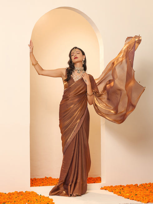 Arabian Glamour Gold Metallic Satin Saree with Beads with Blouse Fabric
