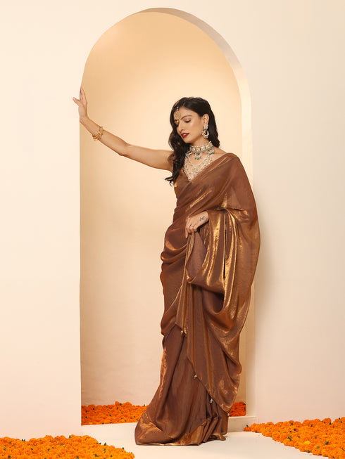 Arabian Glamour Gold Metallic Satin Saree with Beads with Blouse Fabric