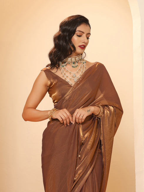 Arabian Glamour Gold Metallic Satin Saree with Beads with Blouse Fabric