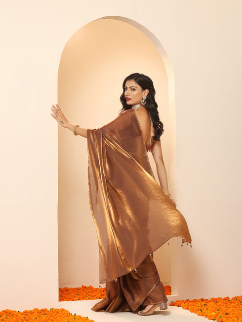 Arabian Glamour Gold Metallic Satin Saree with Beads with Blouse Fabric