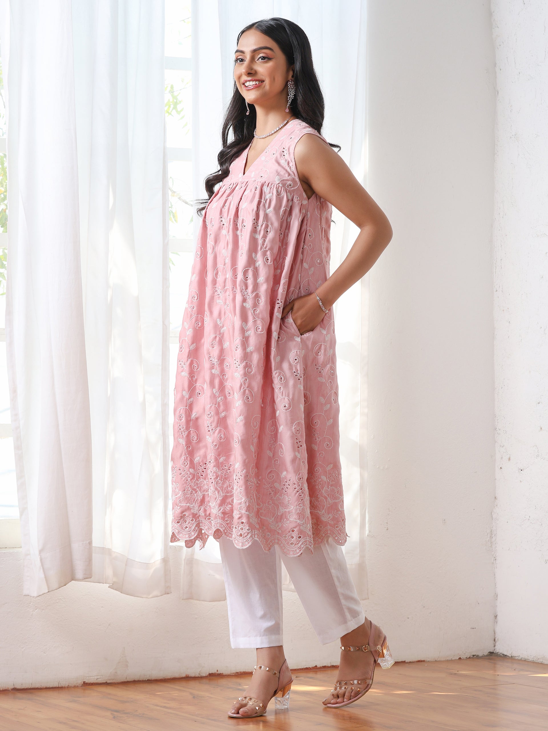 Women’s Pink Gathered Suit Set with White Pant | 2 Pc Set, A-Line, Allover Swiss Embroidery, Sleeveless, Work wear, Casual (PRF'T Lux Duchess Satin Texture with Swiss Embroidery)