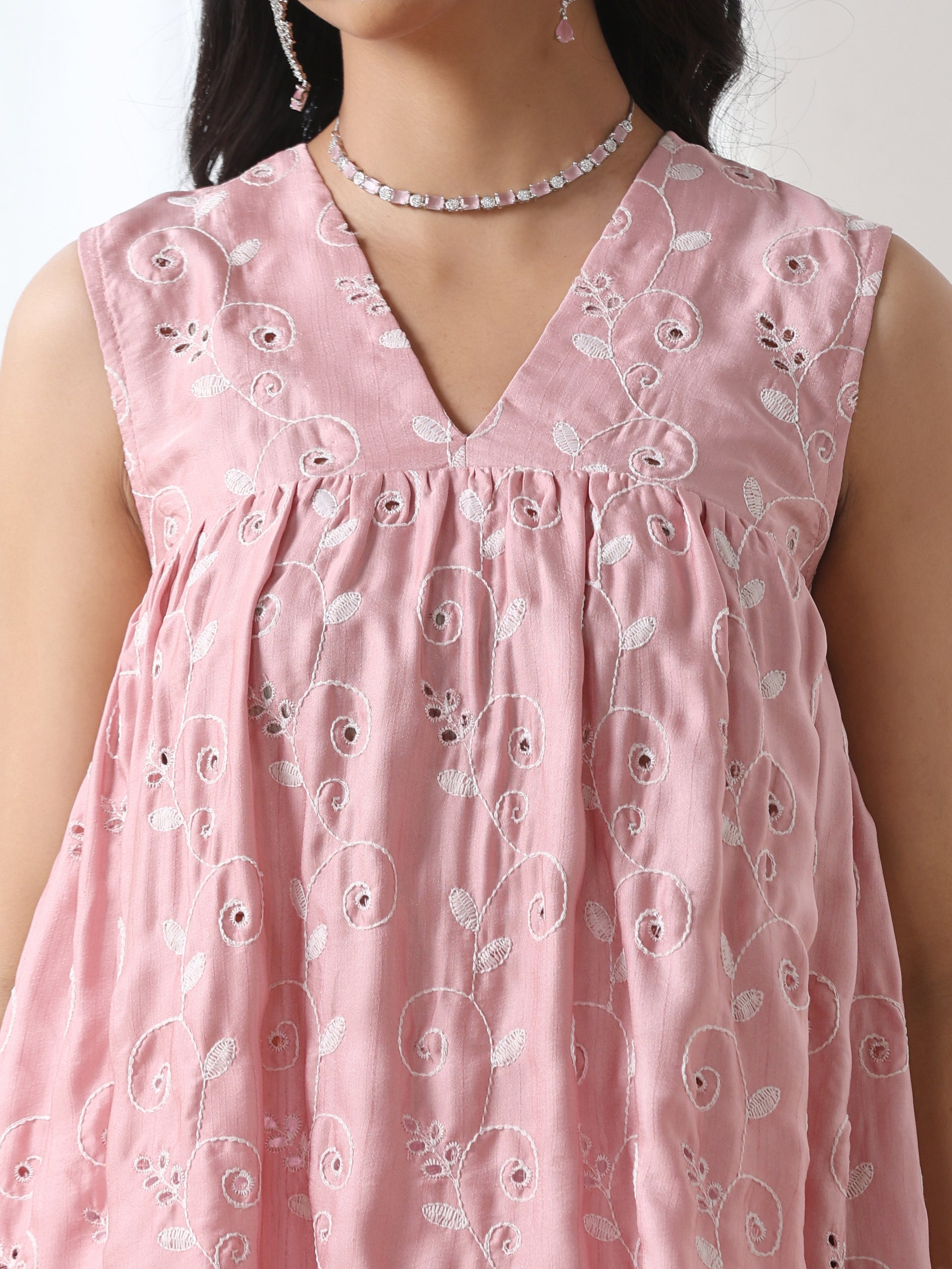 Women’s Pink Gathered Suit Set with White Pant | 2 Pc Set, A-Line, Allover Swiss Embroidery, Sleeveless, Work wear, Casual (PRF'T Lux Duchess Satin Texture with Swiss Embroidery)