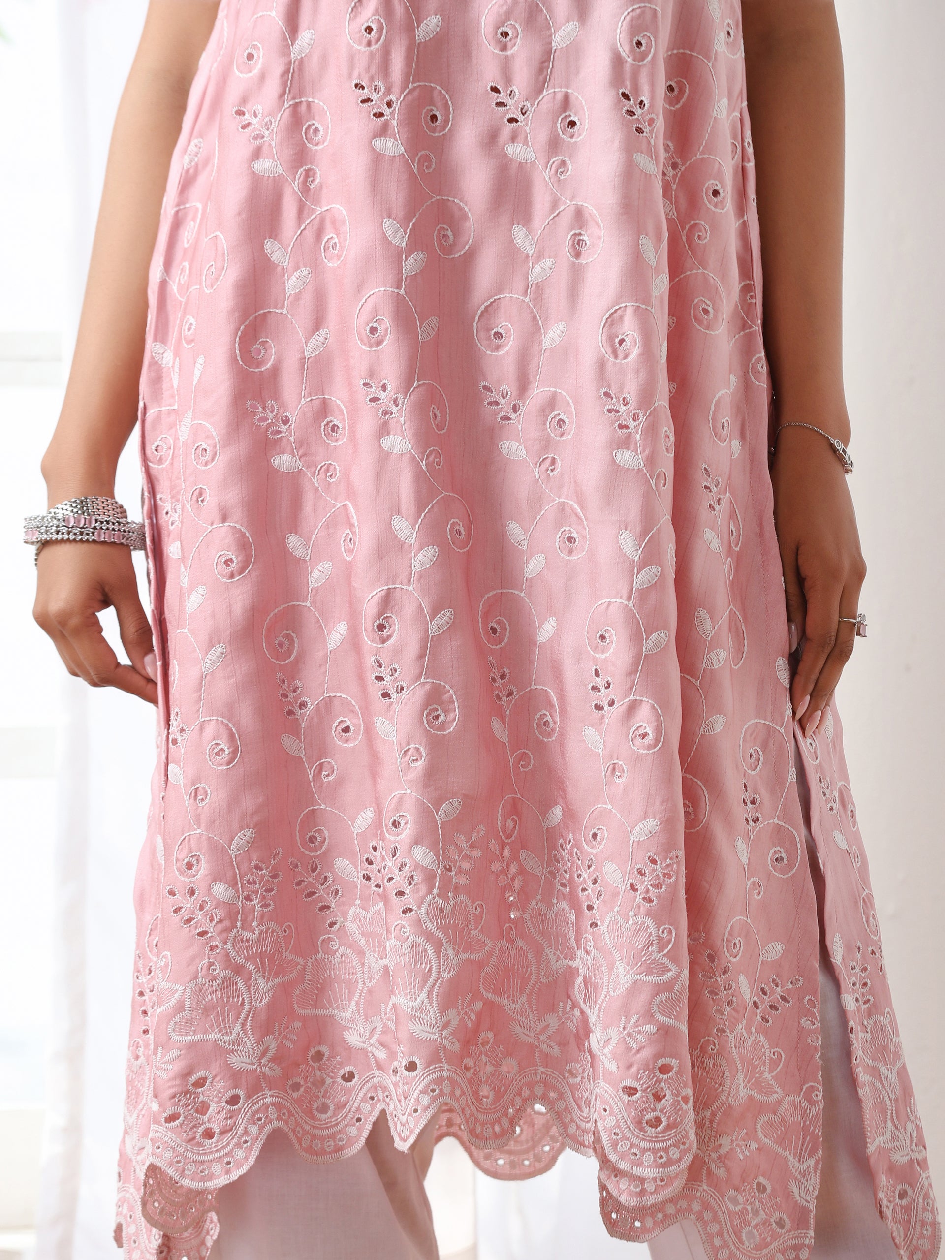 Women’s Pink Suit Set with White Pant | 2 Pc Set, A-Line, Allover Schiffli Embroidery, Sleeveless, Work Wear, Casual (PRF'T Lux Duchess Satin Fabric)