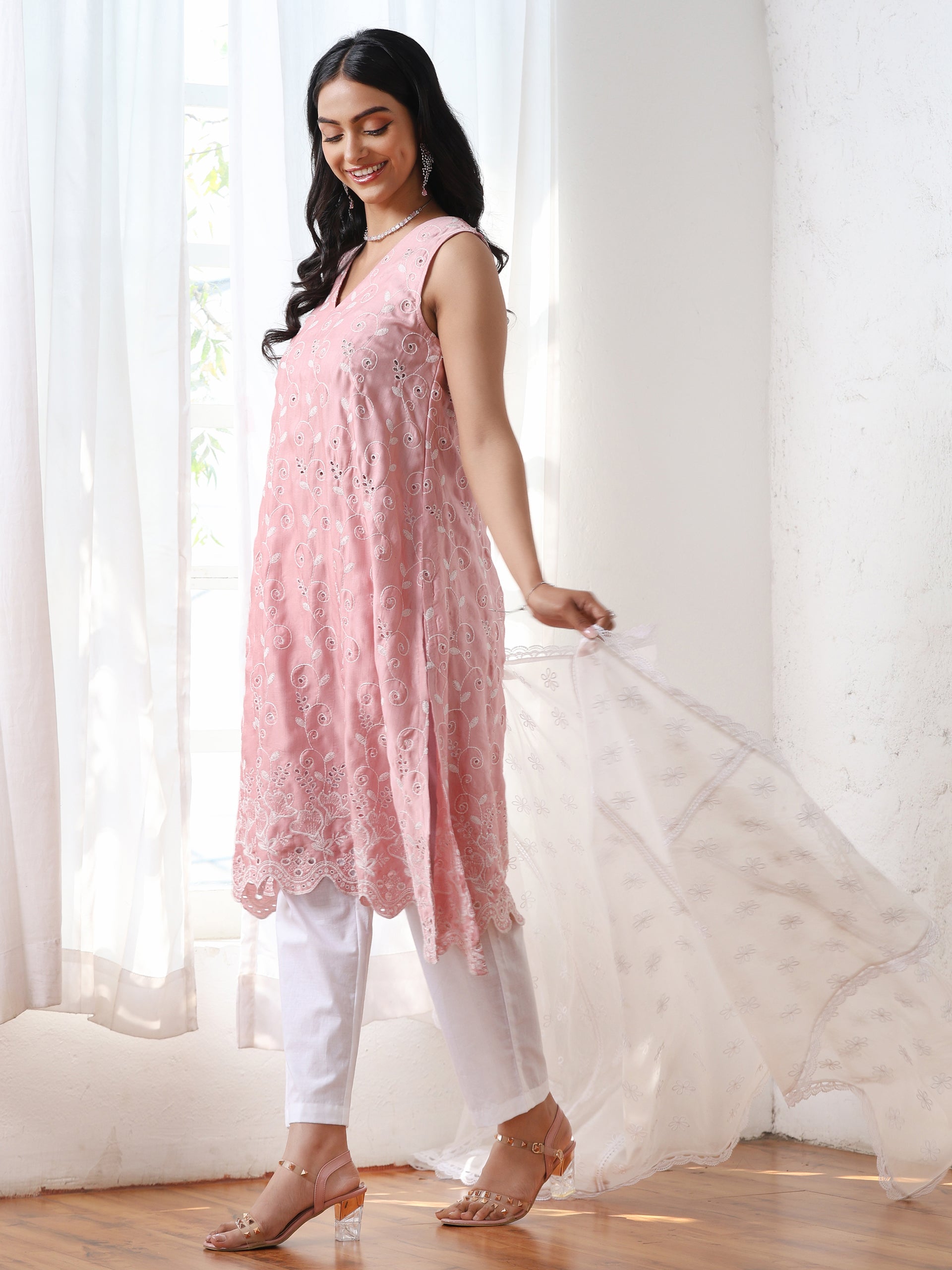 Women’s Pink All Over Schffli Kurta | 1 Pc, A-Line, Allover Schiffli Embroidery, Sleeveless, Work Wear, Festive Party Wear (PRF'T Lux Duchess Satin Fabric)
