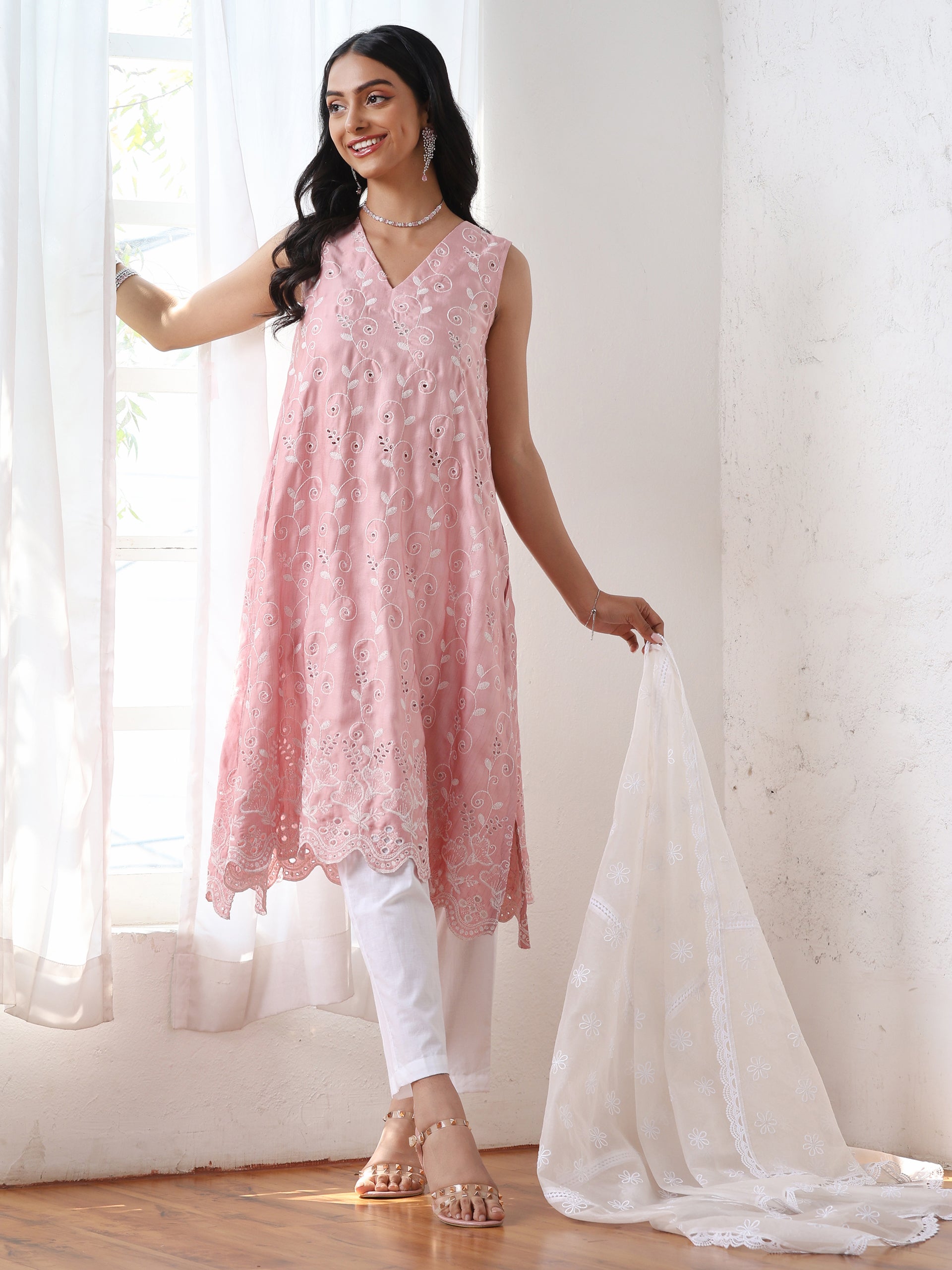 Women’s Pink All Over Schffli Kurta | 1 Pc, A-Line, Allover Schiffli Embroidery, Sleeveless, Work Wear, Festive Party Wear (PRF'T Lux Duchess Satin Fabric)