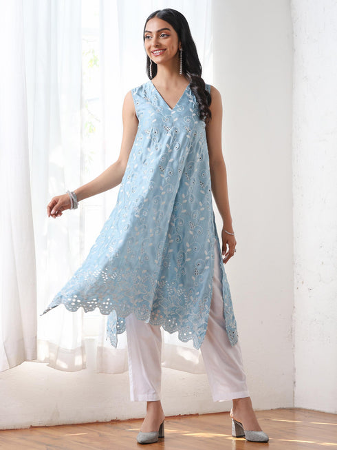 Women’s Blue Suit Set with White Pant | 2 Pc Set, A-Line, Allover Schiffli Embroidery, Sleeveless, Work Wear, Casual Wear (PRF'T Lux Duchess Satin Fabric)