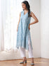 Women’s Blue Suit Set with White Pant | 2 Pc Set, A-Line, Allover Schiffli Embroidery, Sleeveless, Work Wear, Casual Wear (PRF'T Lux Duchess Satin Fabric)