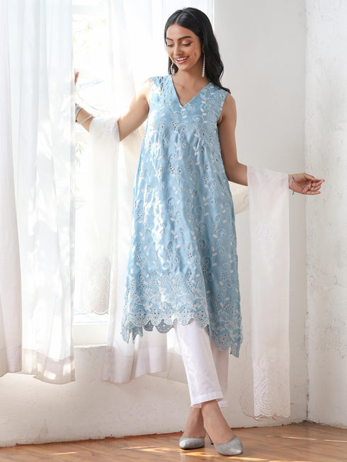 Women’s Blue Suit Set with White Pant | 2 Pc Set, A-Line, Allover Schiffli Embroidery, Sleeveless, Work Wear, Casual Wear (PRF'T Lux Duchess Satin Fabric)