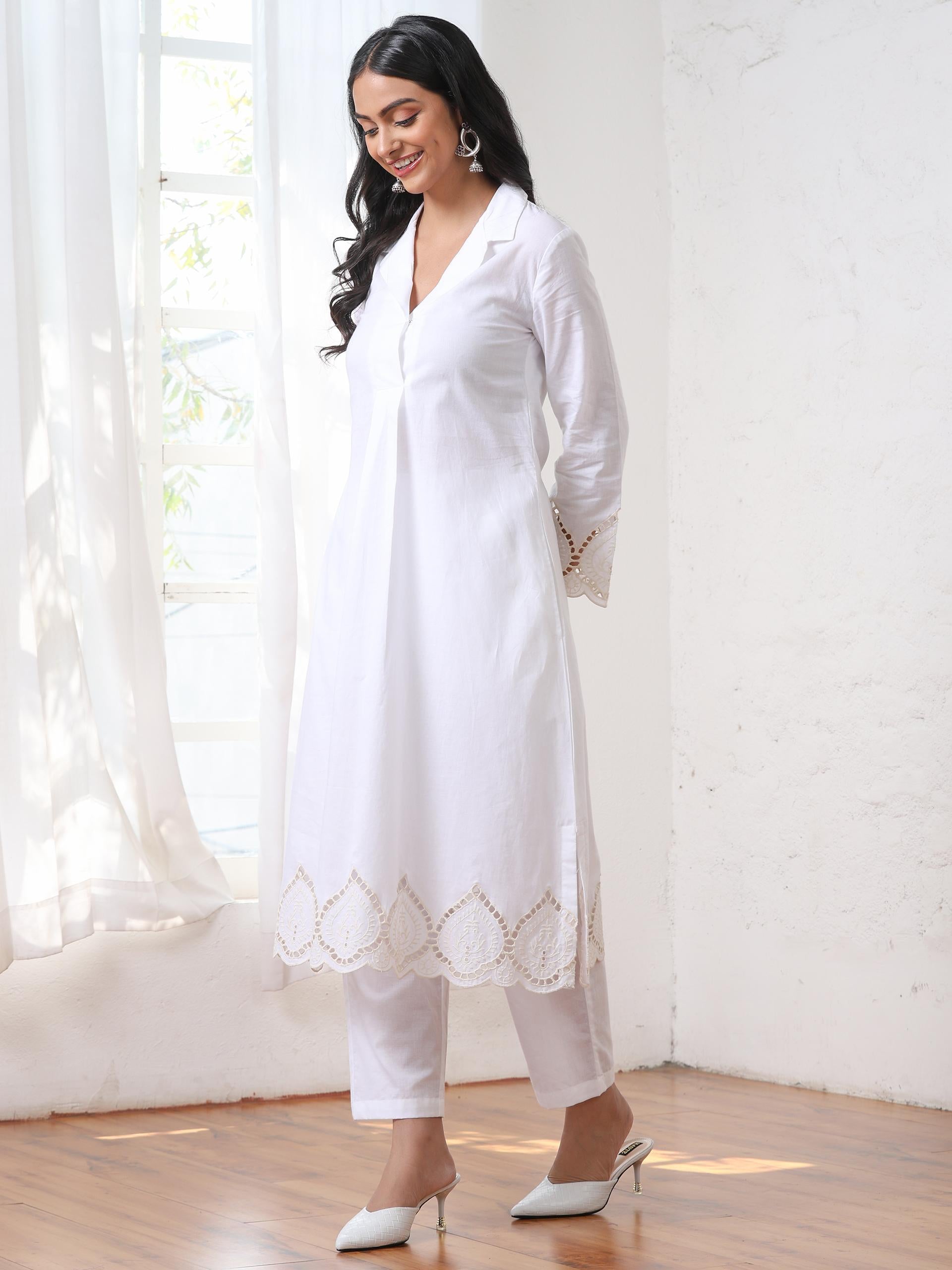 Women’s White Suit Set with Pant | 2 Pc Set, Cotton Cambric Fabric, Swiss Schiffli Embroidery on Hem, Full Sleeves, Work Wear, Casual