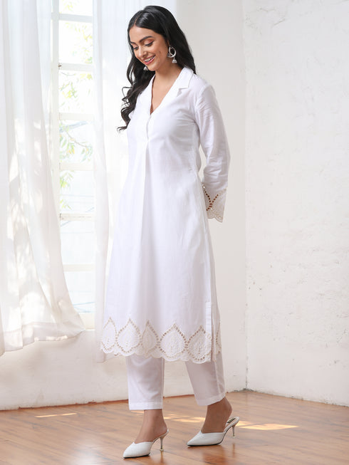 Women’s White Collared Schiffli Kurta with Embroidery on Hem and Sleeve | 1 Pc, Schiffli Embroidery, Work Wear, Festive Party Wear (PRF'T Lux Duchess Cotton Fabric)