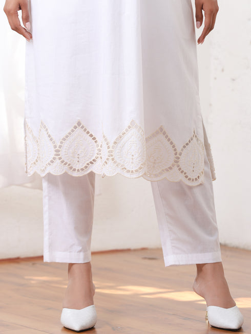 Women’s White Collared Schiffli Kurta with Embroidery on Hem and Sleeve | 1 Pc, Schiffli Embroidery, Work Wear, Festive Party Wear (PRF'T Lux Duchess Cotton Fabric)