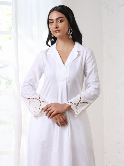 Women’s White Collared Schiffli Kurta with Embroidery on Hem and Sleeve | 1 Pc, Schiffli Embroidery, Work Wear, Festive Party Wear (PRF'T Lux Duchess Cotton Fabric)