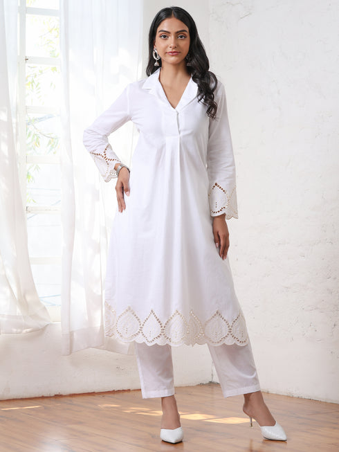 Women’s White Collared Schiffli Kurta with Embroidery on Hem and Sleeve | 1 Pc, Schiffli Embroidery, Work Wear, Festive Party Wear (PRF'T Lux Duchess Cotton Fabric)
