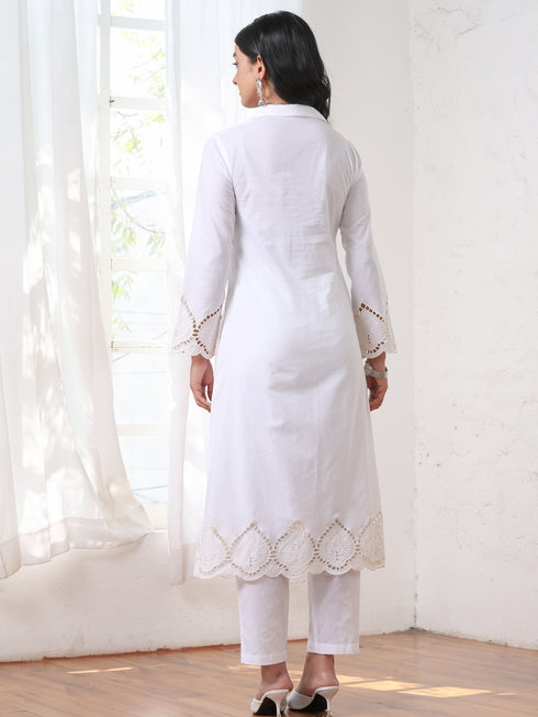 Women’s White Collared Schiffli Kurta with Embroidery on Hem and Sleeve | 1 Pc, Schiffli Embroidery, Work Wear, Festive Party Wear (PRF'T Lux Duchess Cotton Fabric)