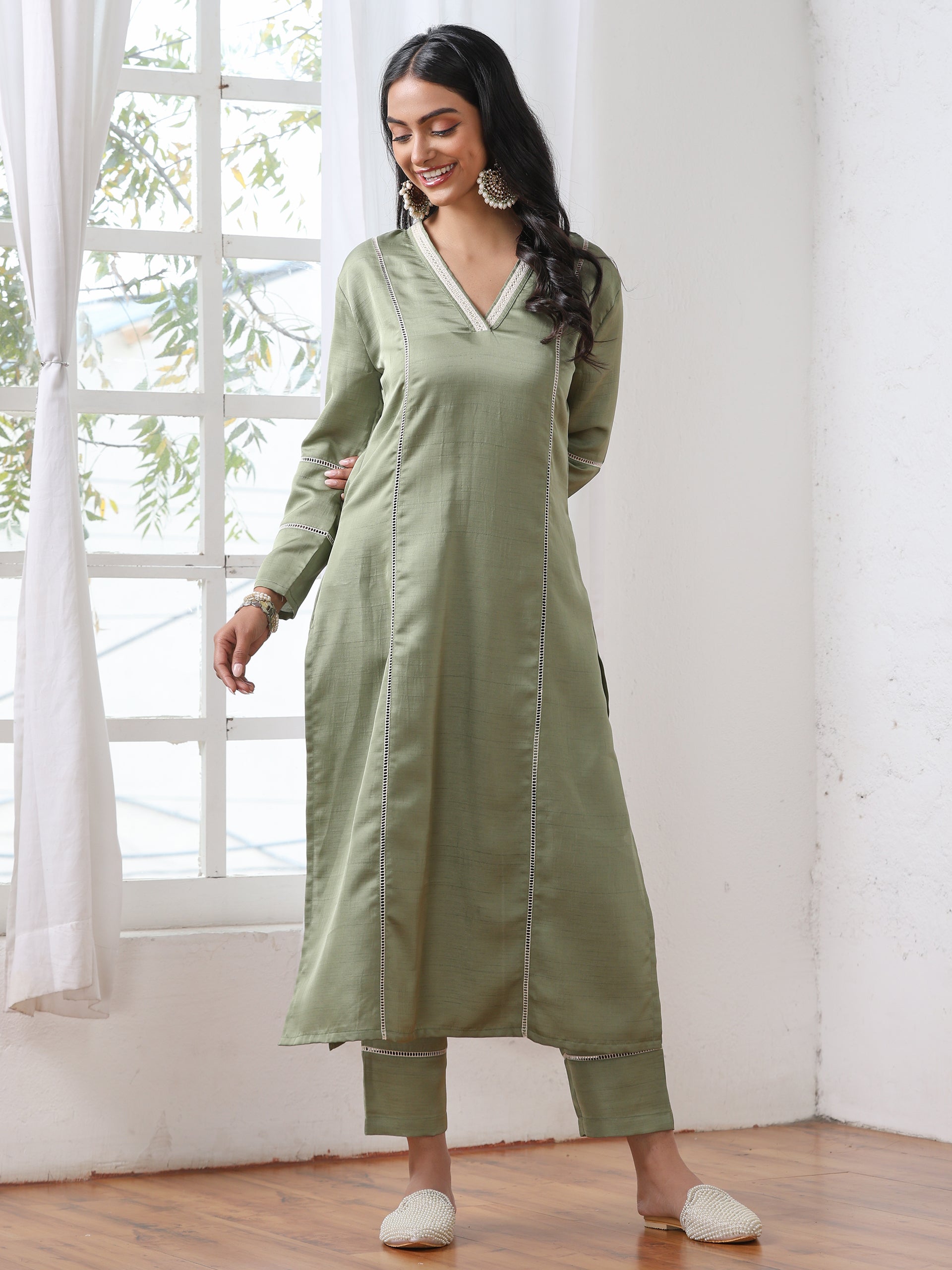 Women’s Sweet Pea Suit Set with Pant | 2 Pc Set, A-Line, Lace Detailing, V Neck, Work Wear, Casual (PRF'T Lux Duchess Satin Fabric)