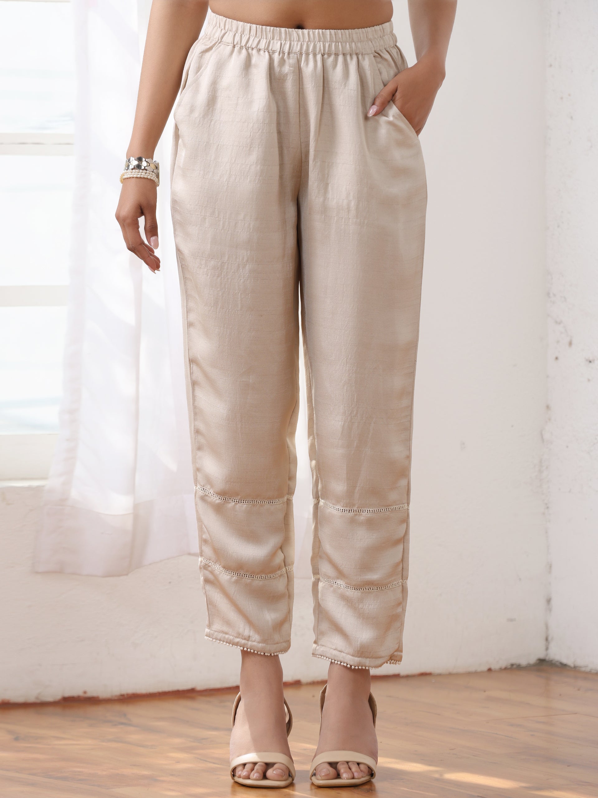 Women’s Cream Suit Set with Pant | 2 Pc Set, A-Line, Swiss Embroidery, 3/4 Sleeves, Work Wear, Casual (PRF'T Lux Duchess Satin Fabric)