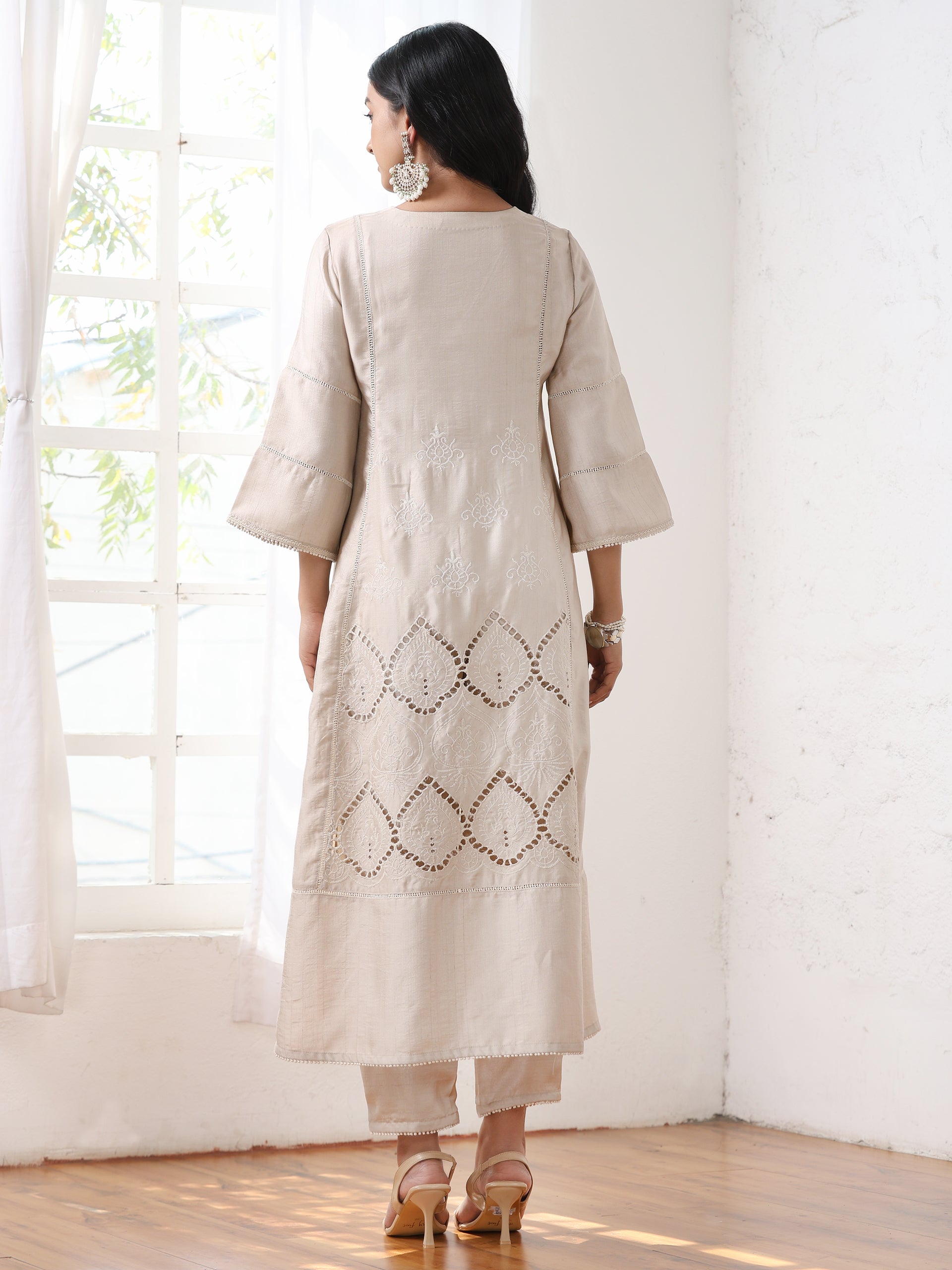 Women’s Cream Suit Set with Pant | 2 Pc Set, A-Line, Swiss Embroidery, 3/4 Sleeves, Work Wear, Casual (PRF'T Lux Duchess Satin Fabric)