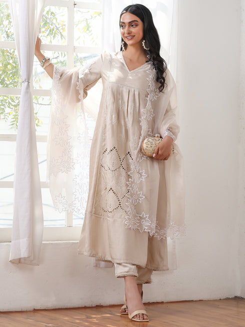 Women’s Cream Cut Work Edge Organza Dupatta | 1 Pc, Cut Work Embroidery, Festive Party Wear