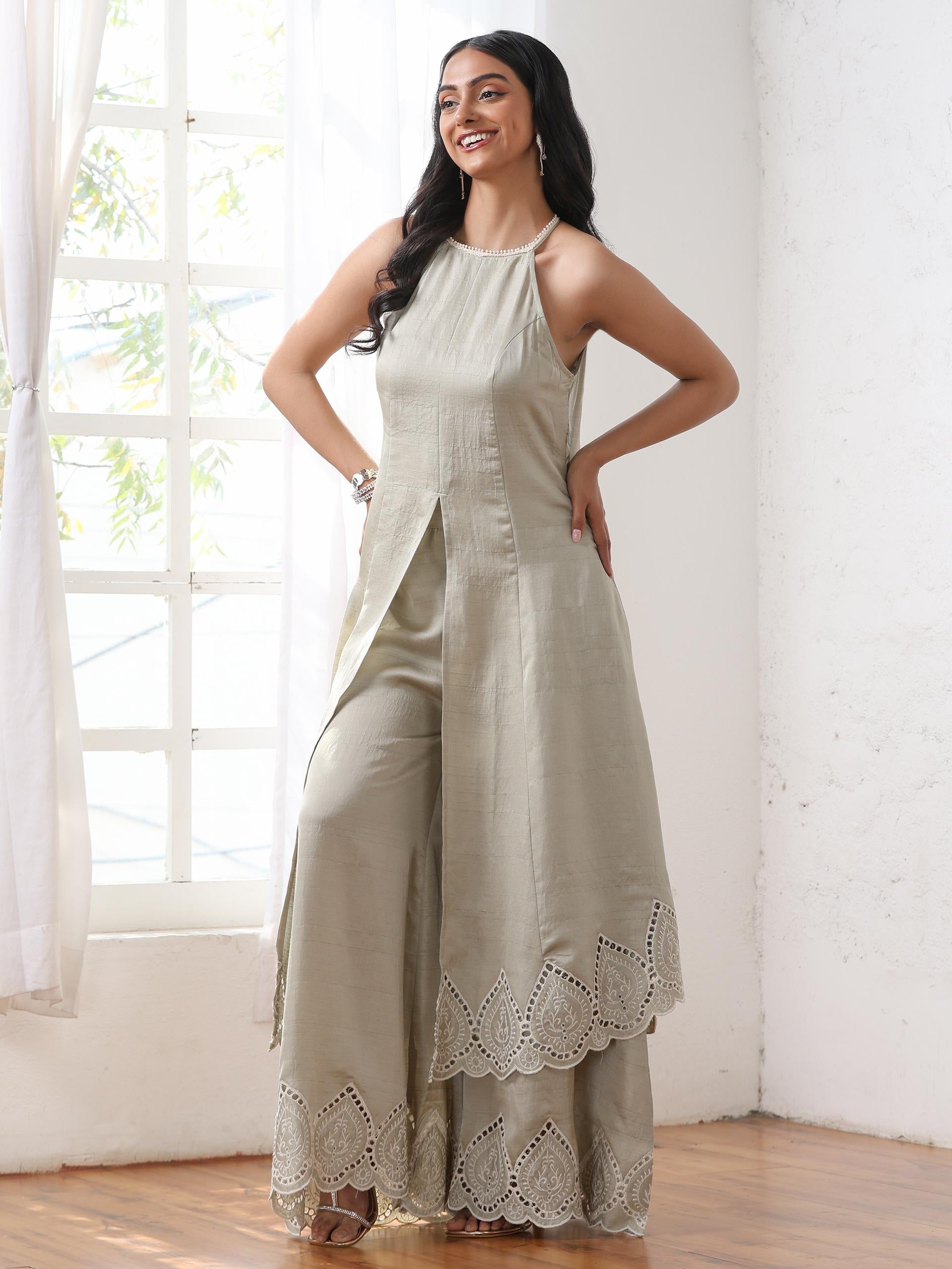 Women’s Sage Suit Set with Palazzo | 2 Pc Set, Halter Neck, Schiffli Embroidery on Hem, Sleeveless, Party Wear, Casual (PRF'T Lux Duchess Satin Fabric)
