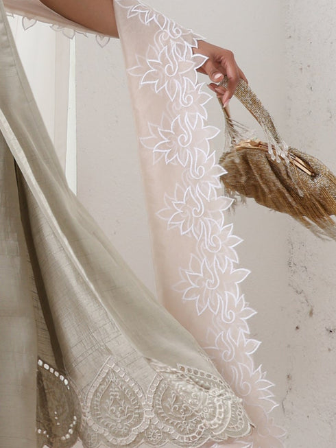 Women’s Cream Cut Work Edge Organza Dupatta | 1 Pc, Cut Work Embroidery, Festive Party Wear