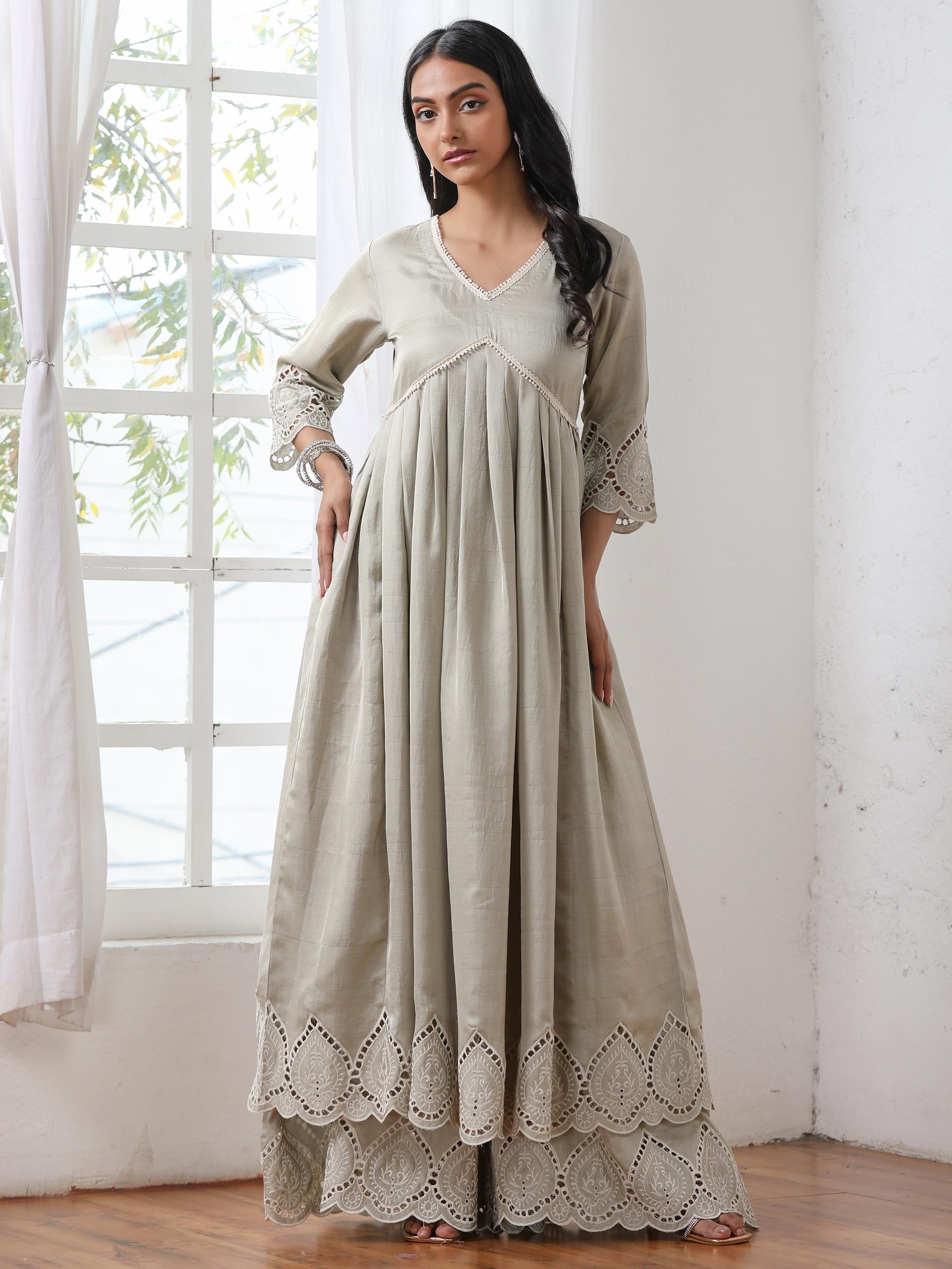 Women’s Sage Anarkali Suit Set with Palazzo | 2 Pc Set, Anarkali Style, Schiffli Embroidery on Hem, 3/4th Sleeves, Festive Party Wear (PRF'T Lux Duchess Satin Fabric)