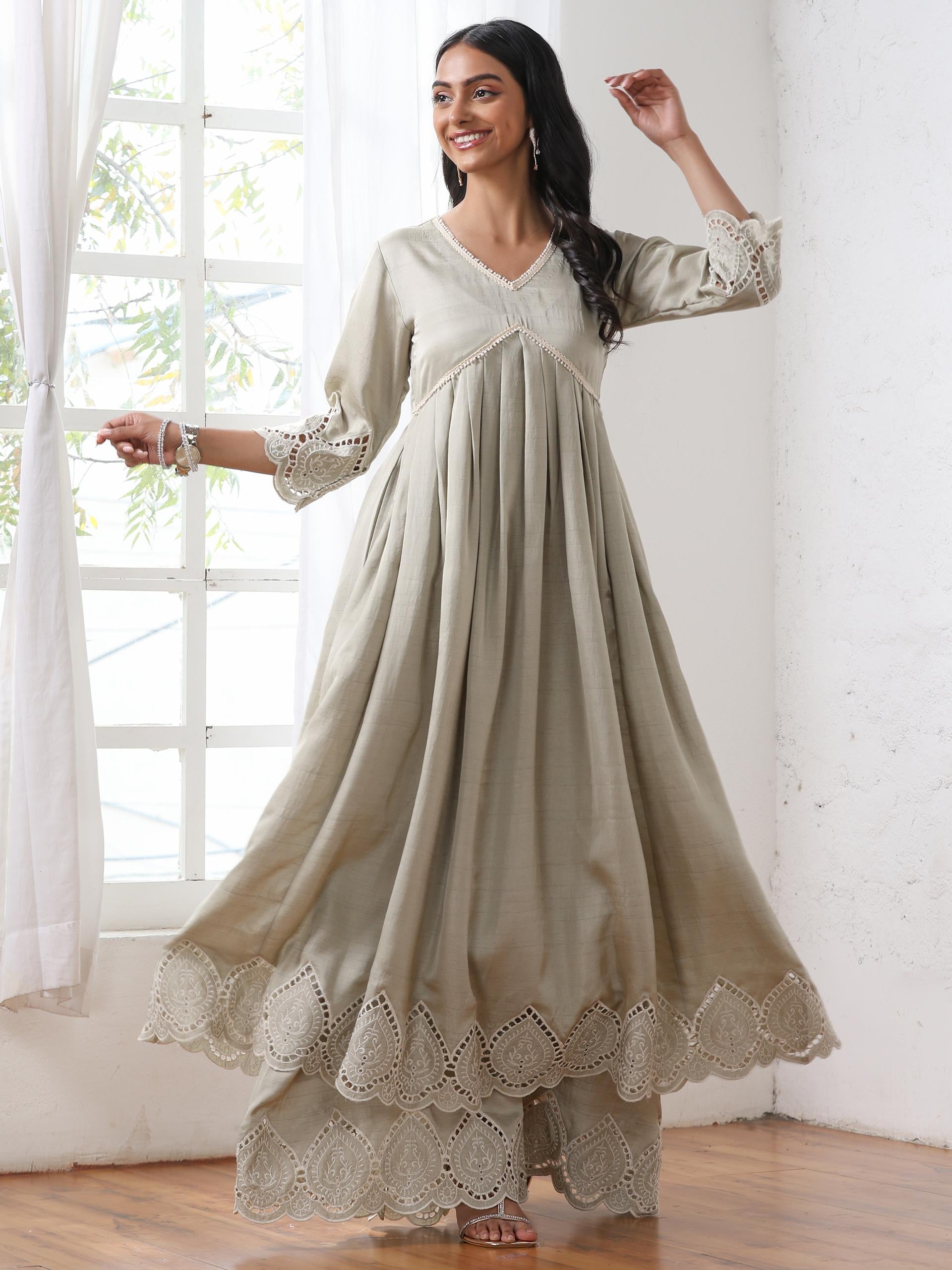 Women’s Sage Anarkali Suit Set with Palazzo | 2 Pc Set, Anarkali Style, Schiffli Embroidery on Hem, 3/4th Sleeves, Festive Party Wear (PRF'T Lux Duchess Satin Fabric)