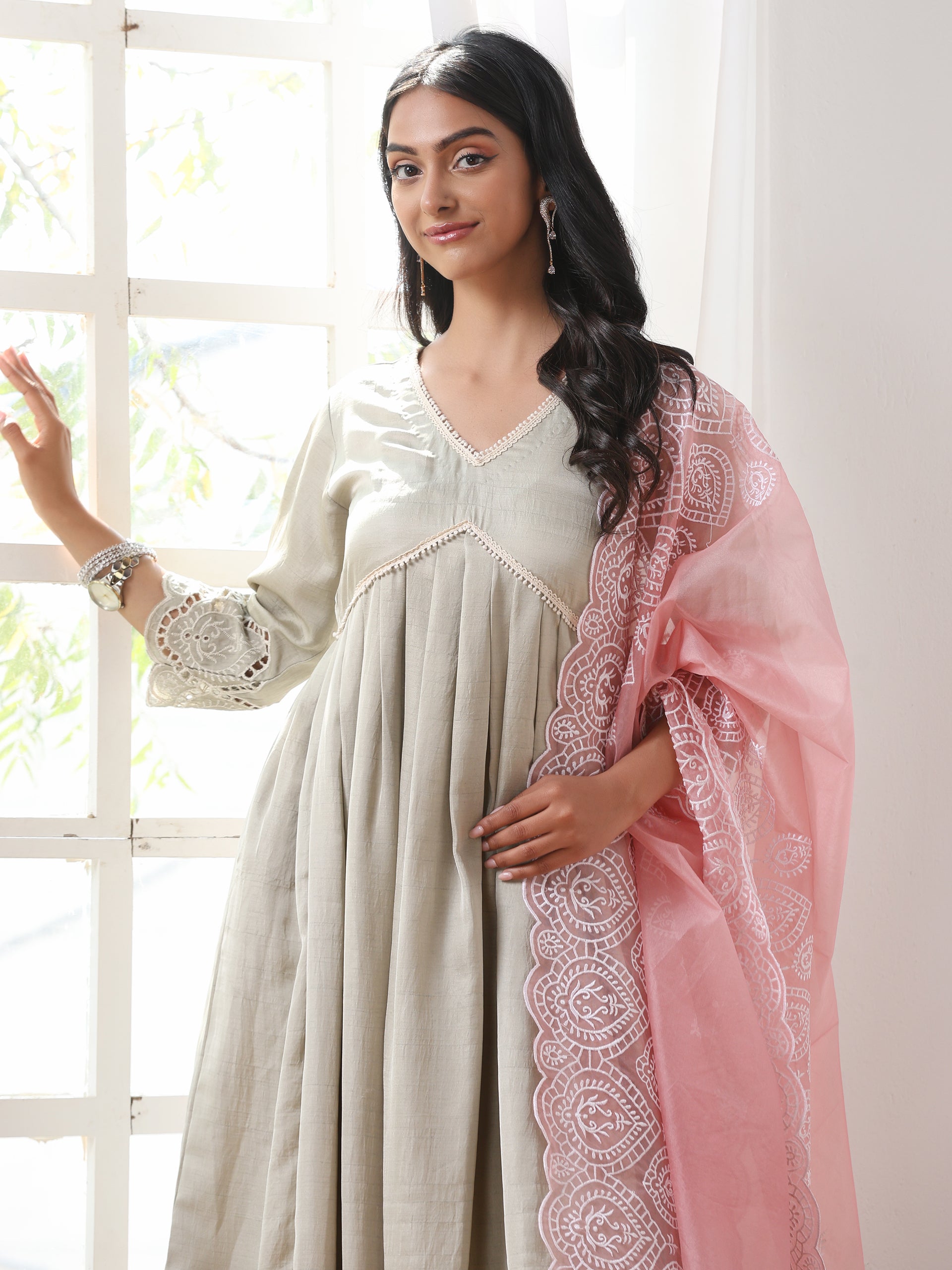 Women’s Sage Anarkali Suit Set with Palazzo | 2 Pc Set, Anarkali Style, Schiffli Embroidery on Hem, 3/4th Sleeves, Festive Party Wear (PRF'T Lux Duchess Satin Fabric)