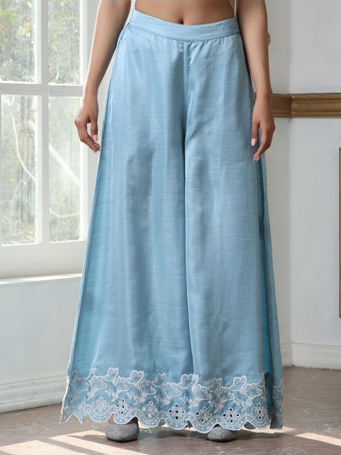 Women’s Blue Suit Set with Palazzo | 2 Pc Set, Halter Neck, Schiffli Embroidery on Hem, Sleeveless, Festive Wear, Casual (PRF'T Lux Duchess Satin Fabric)