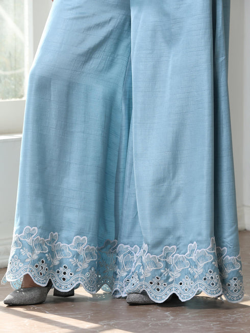 Women’s Blue Suit Set with Palazzo | 2 Pc Set, Halter Neck, Schiffli Embroidery on Hem, Sleeveless, Festive Wear, Casual (PRF'T Lux Duchess Satin Fabric)
