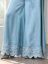 Women’s Blue Suit Set with Palazzo | 2 Pc Set, Halter Neck, Schiffli Embroidery on Hem, Sleeveless, Festive Wear, Casual (PRF'T Lux Duchess Satin Fabric)