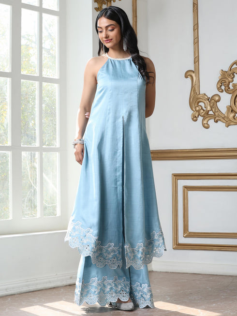 Women’s Blue Suit Set with Palazzo | 2 Pc Set, Halter Neck, Schiffli Embroidery on Hem, Sleeveless, Festive Wear, Casual (PRF'T Lux Duchess Satin Fabric)